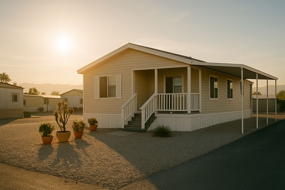 Double-wide home with covered porch and gravel driveway at sunset