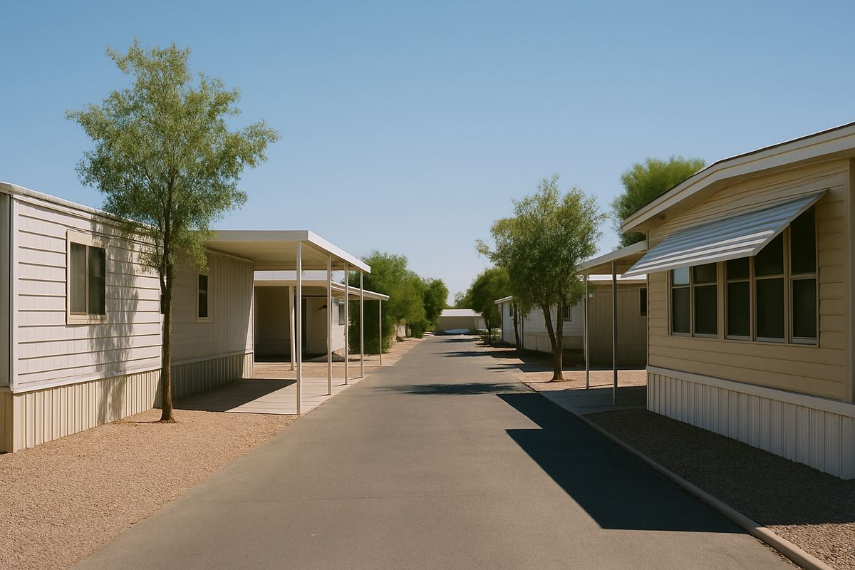 Quiet lane in a manufactured home community with carports