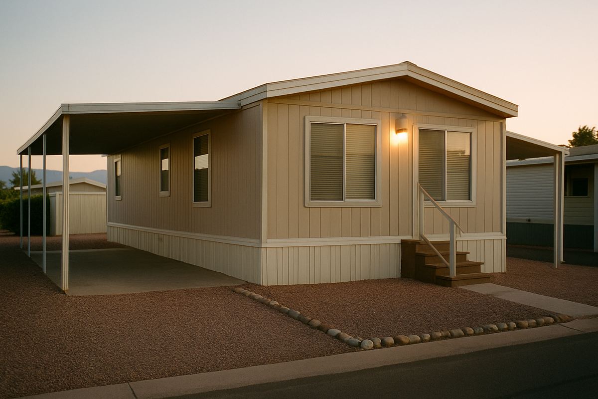 Single-wide manufactured home on a park space at dusk
