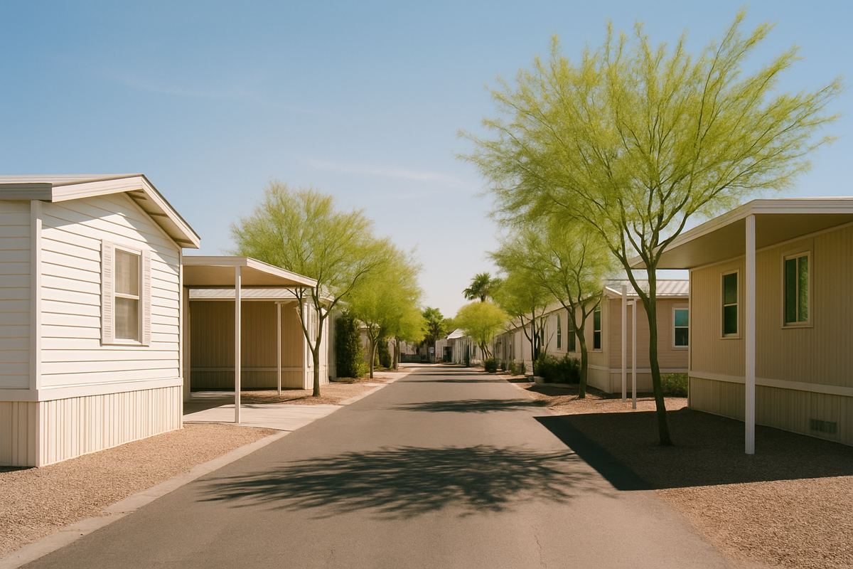 Lane in a Las Vegas mobile home park lined with manufactured homes