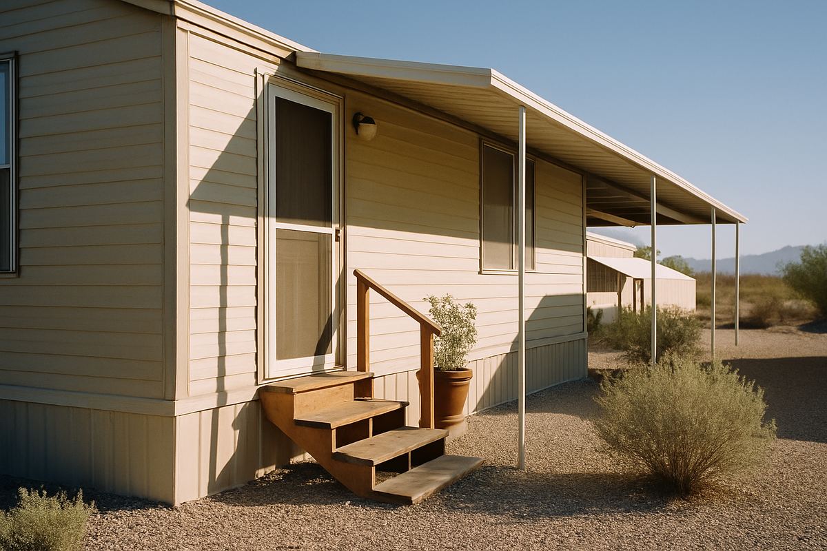 Front steps and screen door of a manufactured home