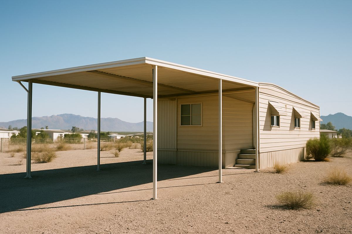 Single-wide mobile home under a carport with mountains beyond