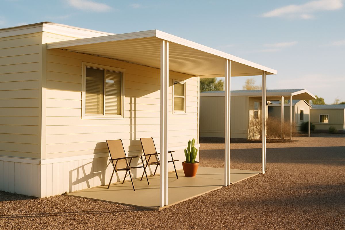 Manufactured home patio under an aluminum awning