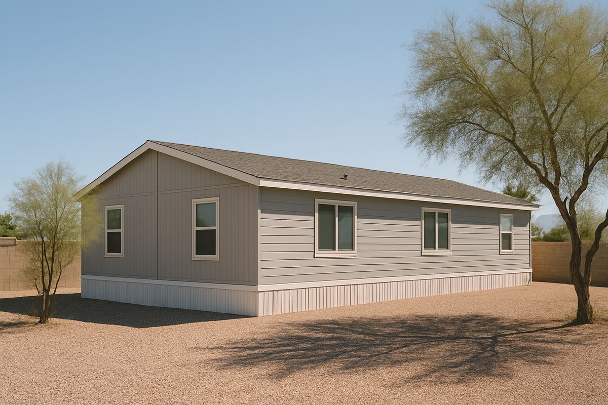 Gray double-wide manufactured home on a desert lot