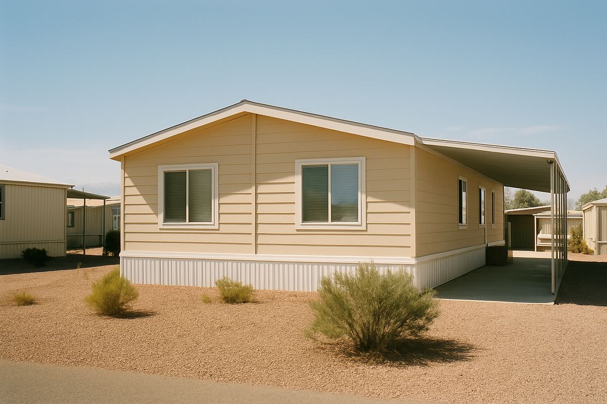 Double-wide manufactured home with a carport and a gravel yard, Las Vegas valley