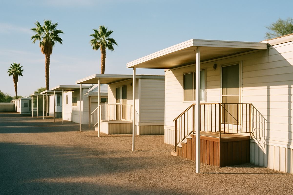 Older single-wide mobile homes with awnings in a desert park