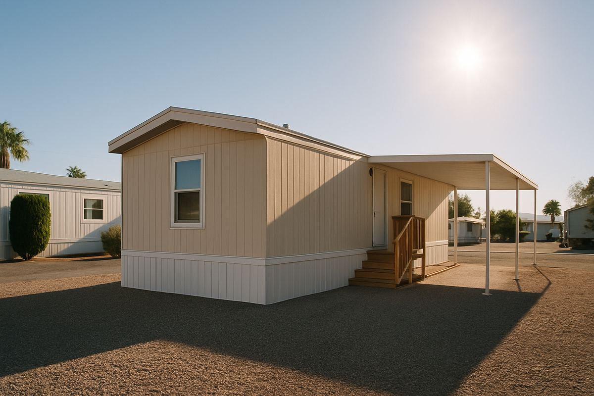Single-wide manufactured home with porch and carport on a gravel space