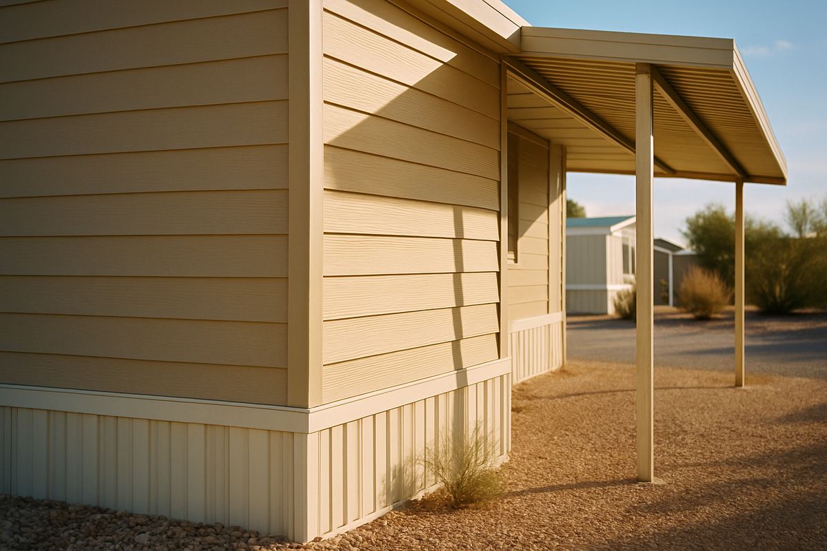 Exterior corner of a manufactured home with siding and awning