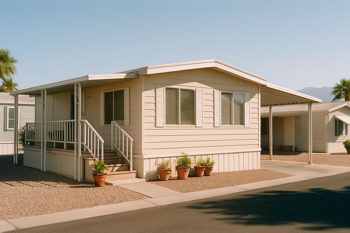 Well-kept double-wide manufactured home with a covered porch