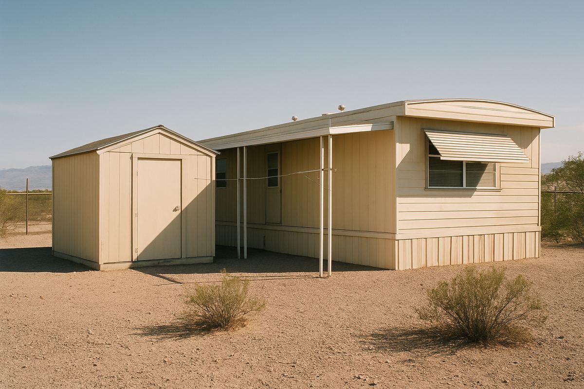 Older single-wide mobile home with a storage shed on a gravel lot