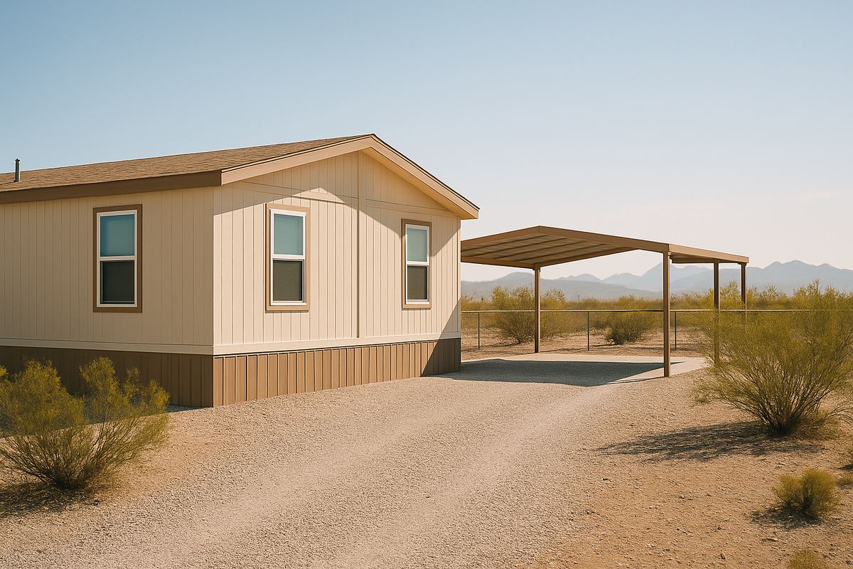 Double-wide manufactured home on its own fenced desert lot