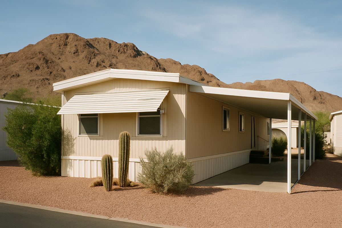 Older single-wide mobile home in a Boulder City park