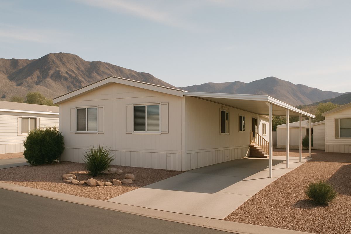 Manufactured home with carport and rock garden in Boulder City