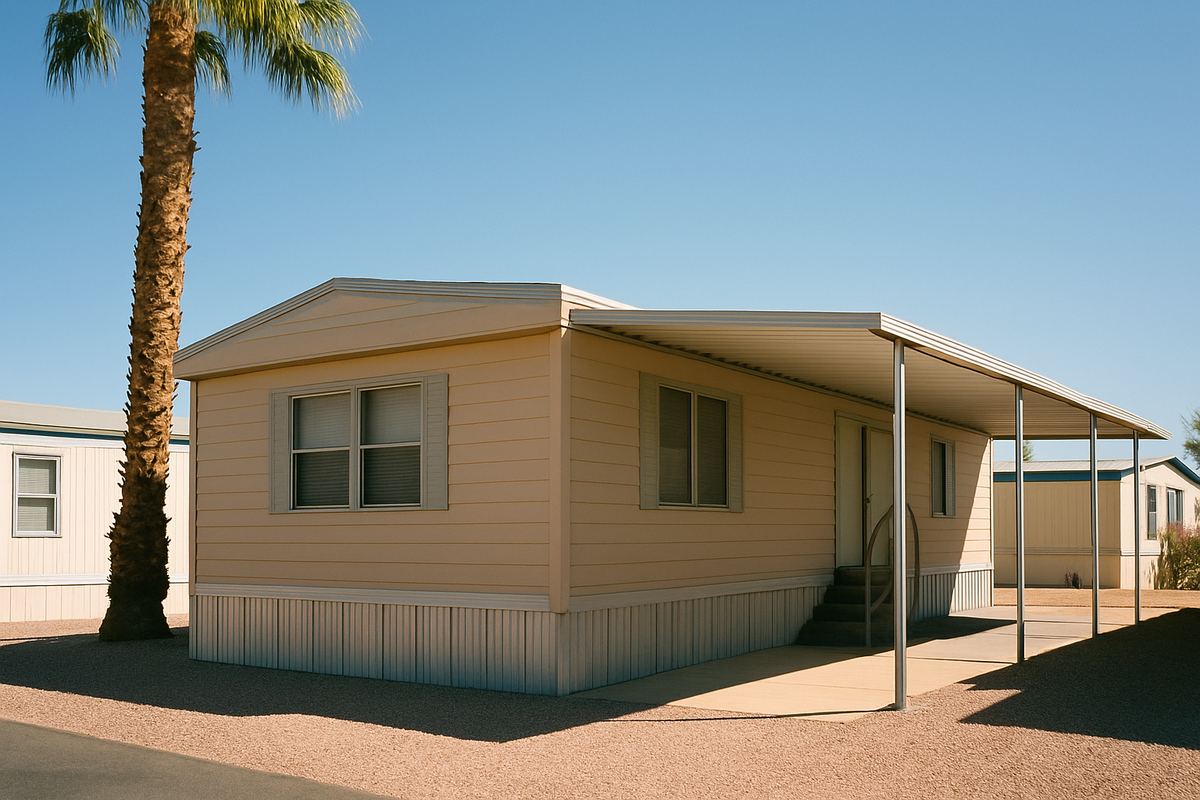 Older single-wide mobile home with carport in a North Las Vegas park