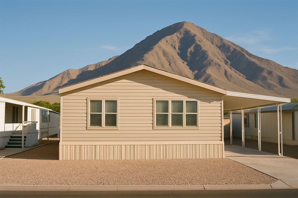 Double-wide manufactured home with Frenchman Mountain behind it