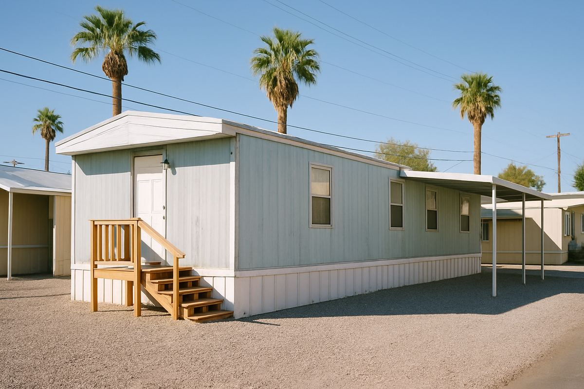 Faded single-wide mobile home with a wooden porch in Whitney