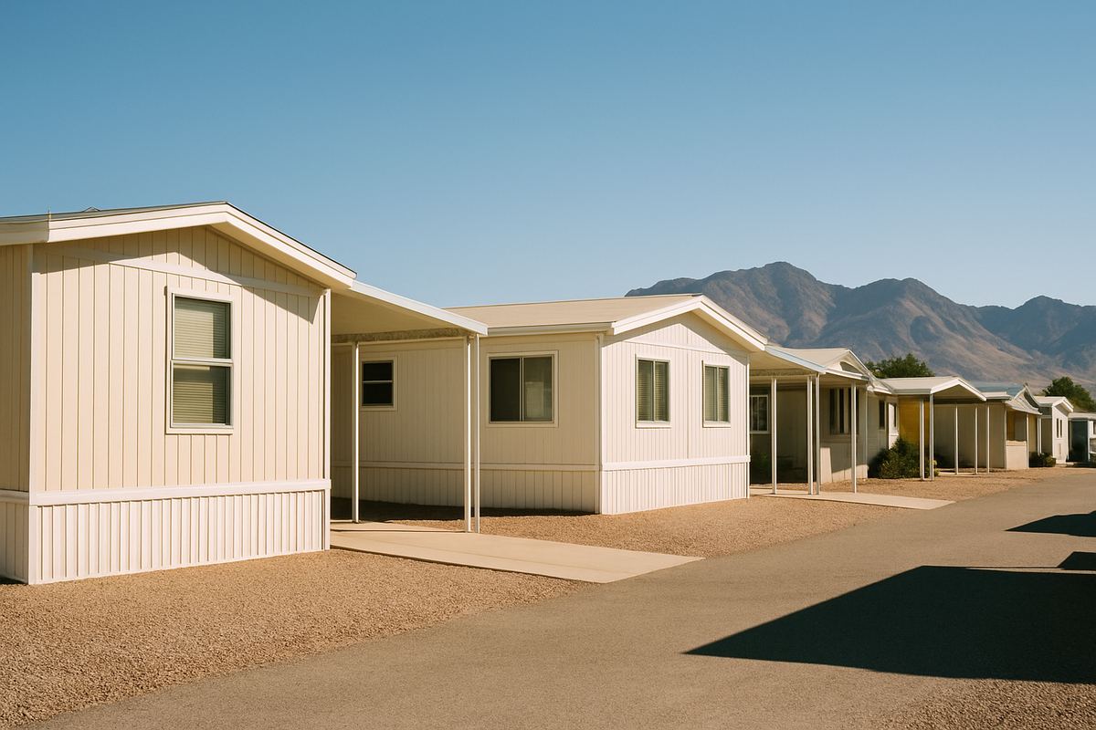 Row of manufactured homes with carports in a Las Vegas Valley park
