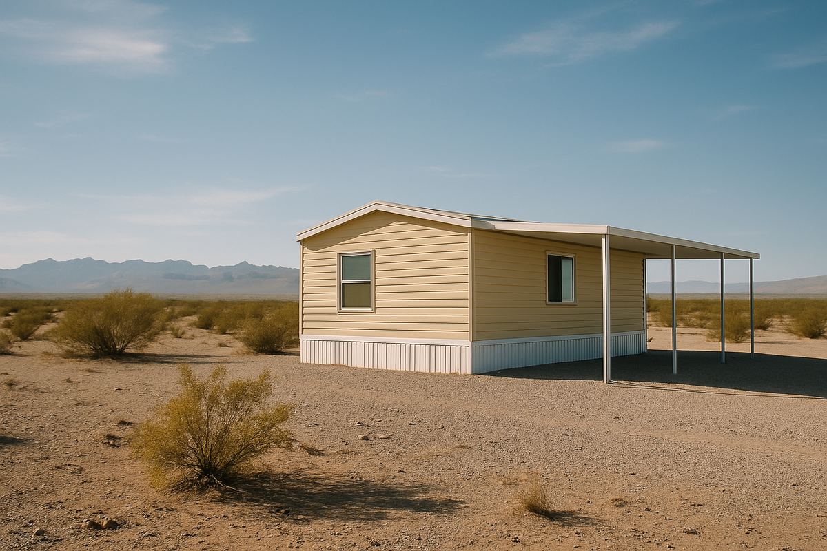 Manufactured home on a desert gravel lot in rural Southern Nevada