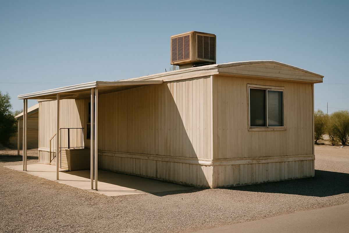 Weathered single-wide mobile home with a rooftop evaporative cooler