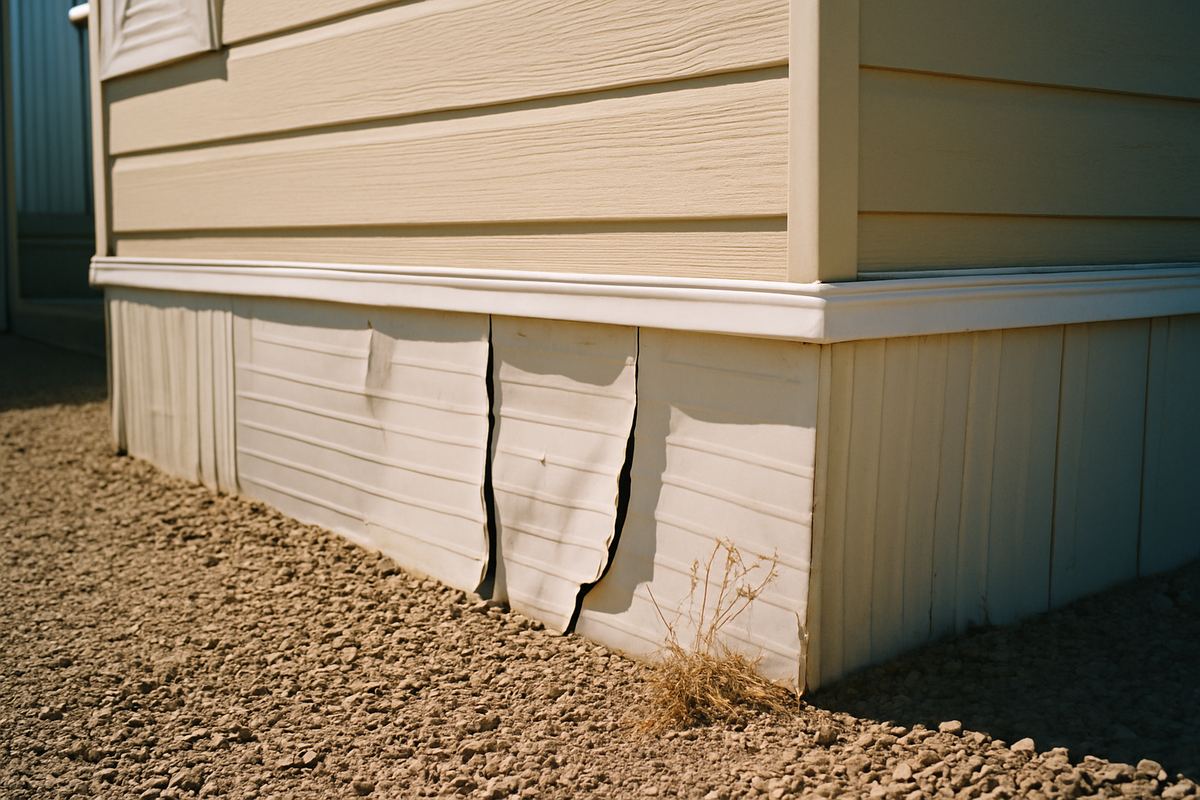 Cracked vinyl skirting along the base of a manufactured home