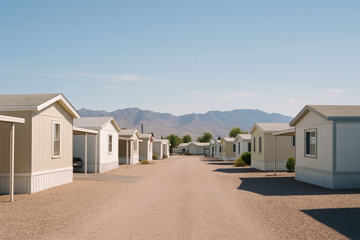 Manufactured home community in the Las Vegas valley with mountains behind