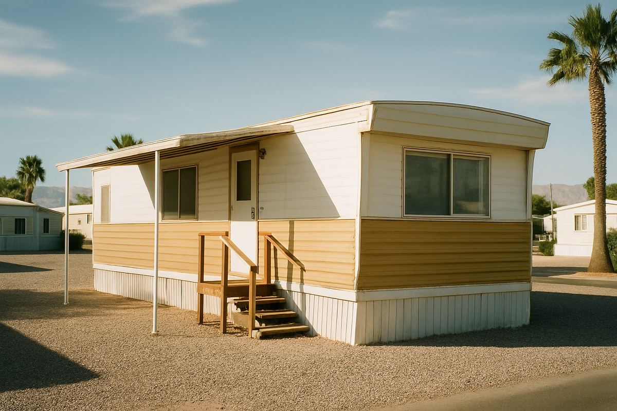 Older single-wide mobile home with metal siding in an established park