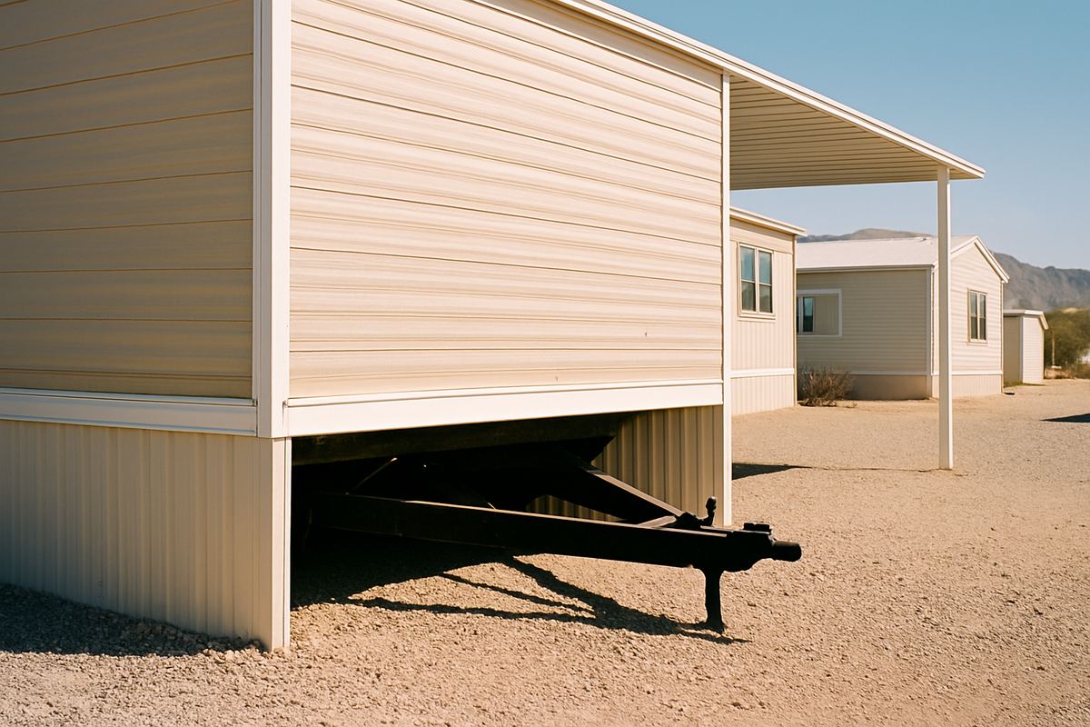 Undercarriage and frame of an older mobile home on a gravel pad