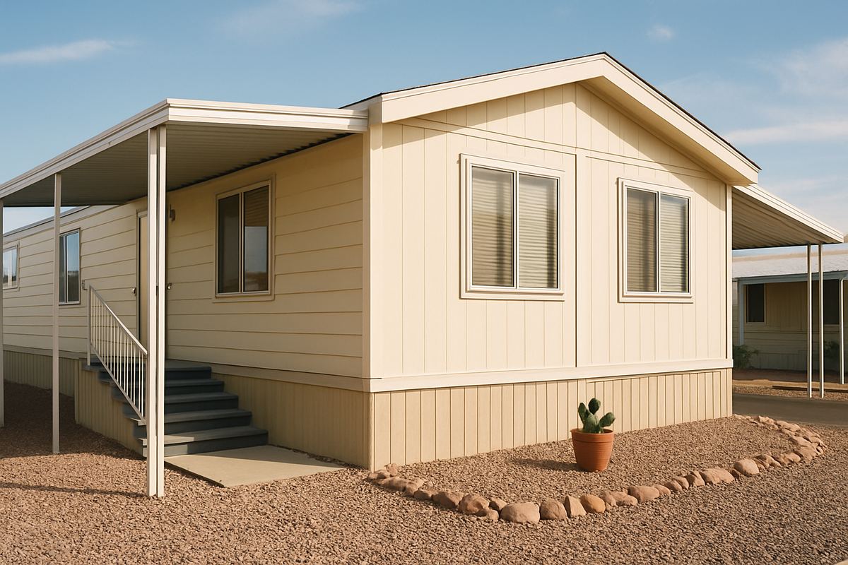 Double-wide home with an aluminum awning on a park space in the Las Vegas valley