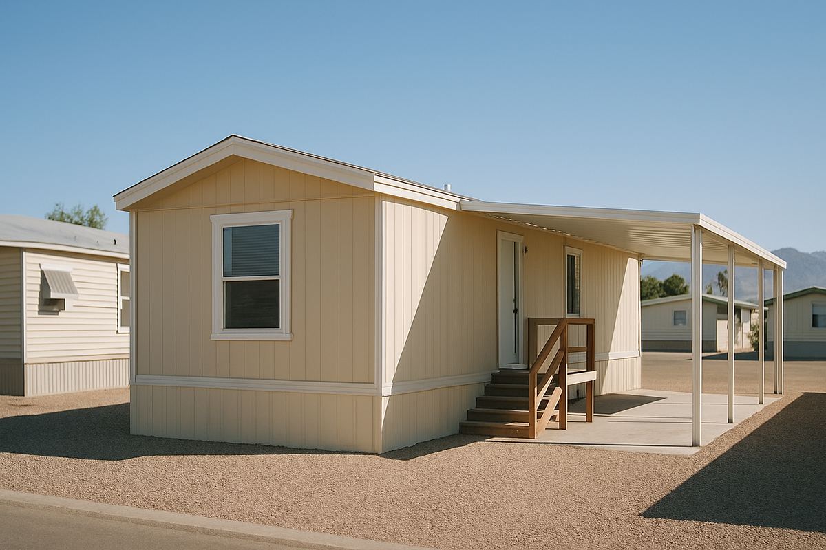 Freshly painted single-wide manufactured home with a carport